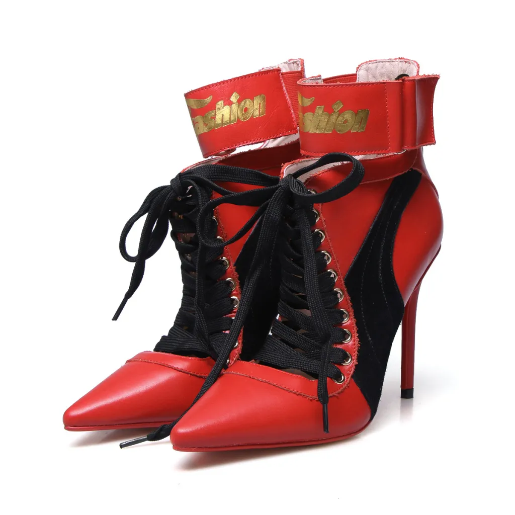 Lace-up pointed stiletto high heel women's boots - Red