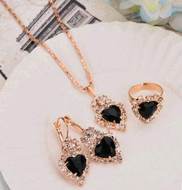 Europe And The United States Personalized Water Drop Color Diamond Necklace, Earrings, Rings Set, Shiny High end Bridal Jewelry Heart Shaped Black - Shop at LoveMi