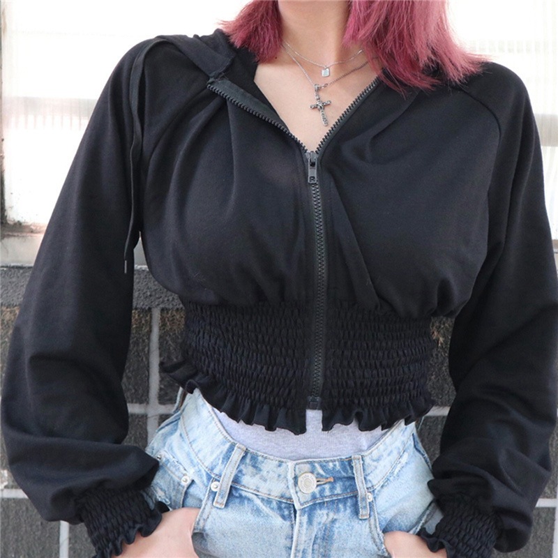 Women's hoodie all-match slim and solid color high waist top