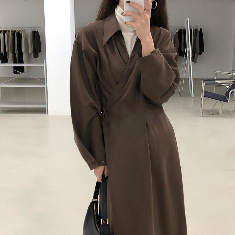Cross-temperament shirt-style long-sleeved dress