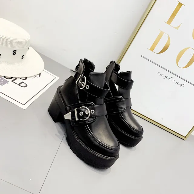 Classic thick soled thick high heeled ankle boots Black - Shop at LoveMi