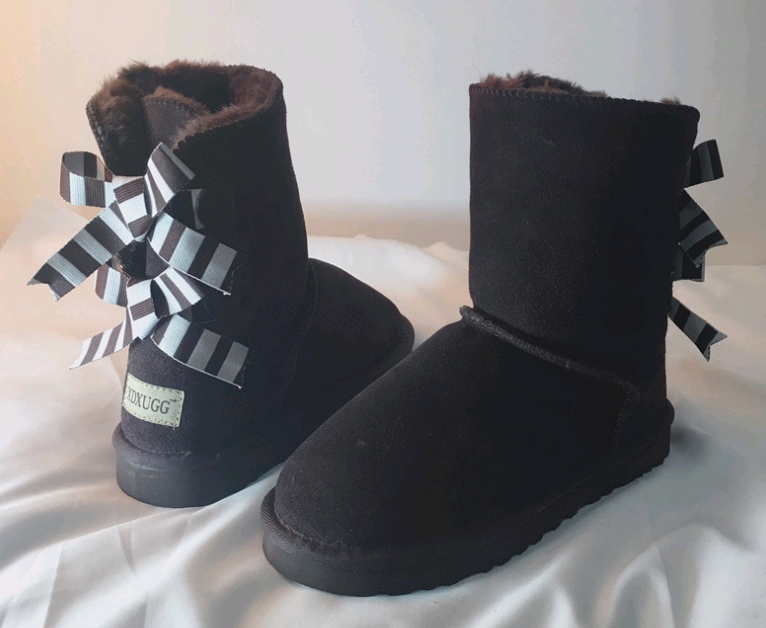 Double bow tube snow boots women's shoes scrub leather thickening non-slip warm warm foam foam tendon