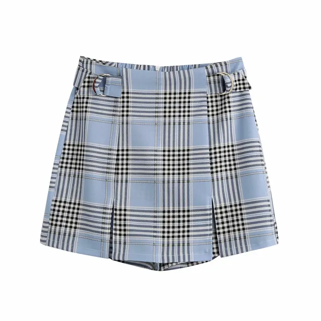 High waist slim check plaid all match culottes Blue - Shop at LoveMi
