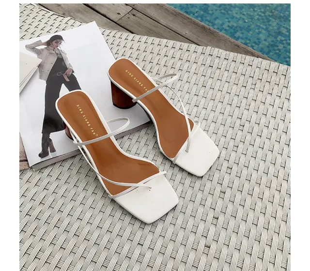 Square toe thin strap chunky heel sandals White - Shop at LoveMi
