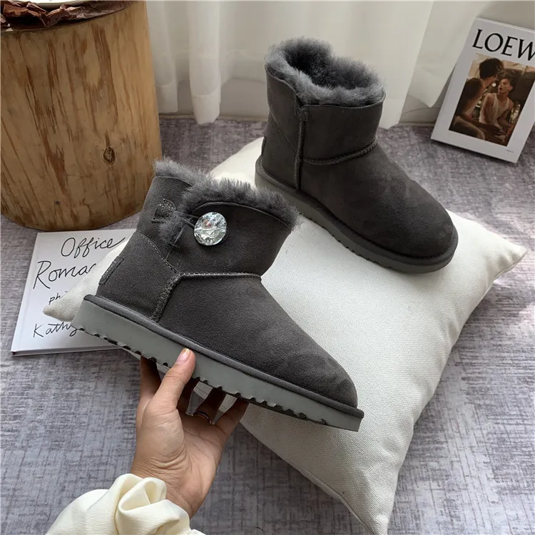 Women's mid-tube flat-bottomed fur snow boots - Grey