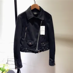 Suede leather women motorcycle leather plush fleece jacket - Black - View 1
