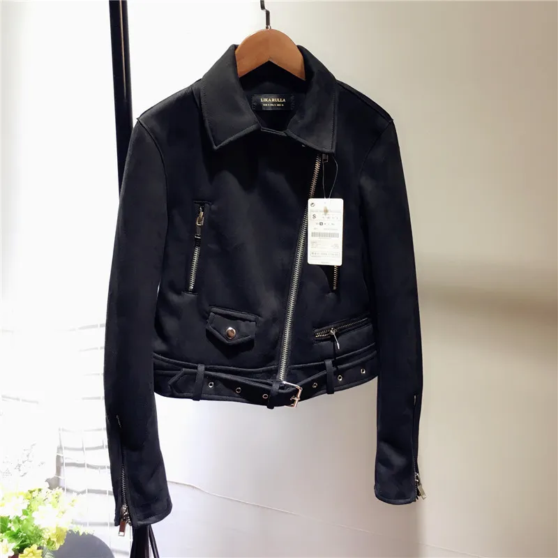 Suede leather women motorcycle leather plush fleece jacket - Black