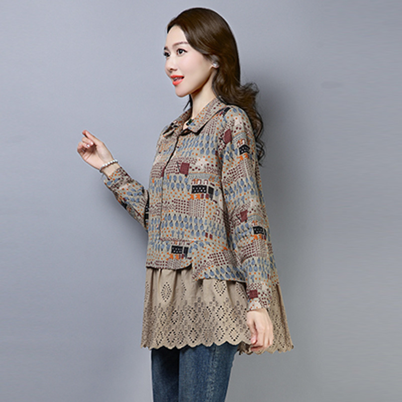 Autumn plus size loose printed cotton and linen shirt