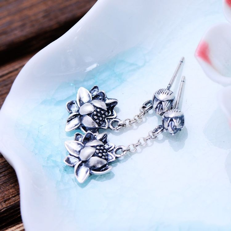 S925 sterling silver vintage tassel lotus ethnic style earrings