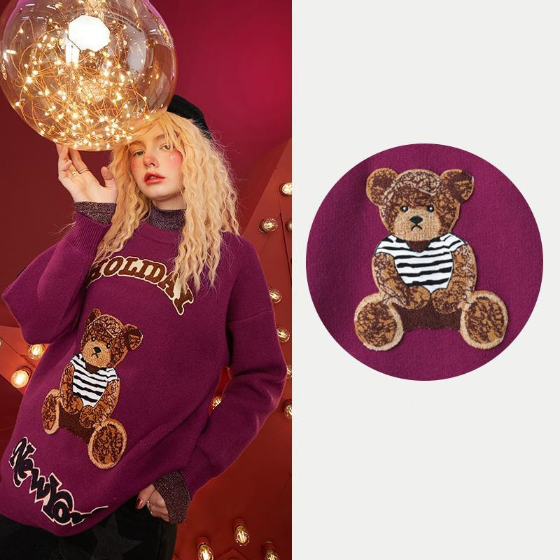 Pouch Bear Patch Crew Neck Sweater Women