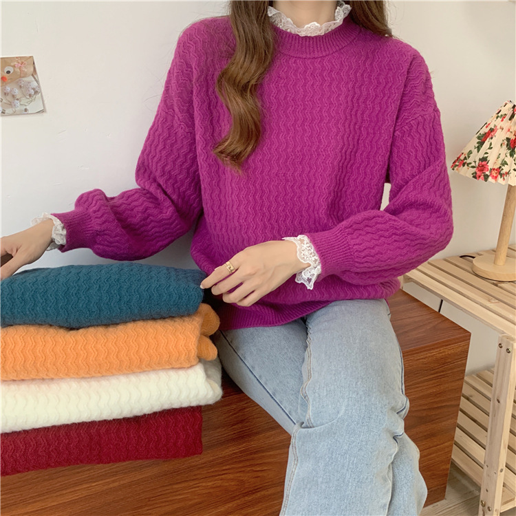 Lace hem half height neckline ripple versatile sweater