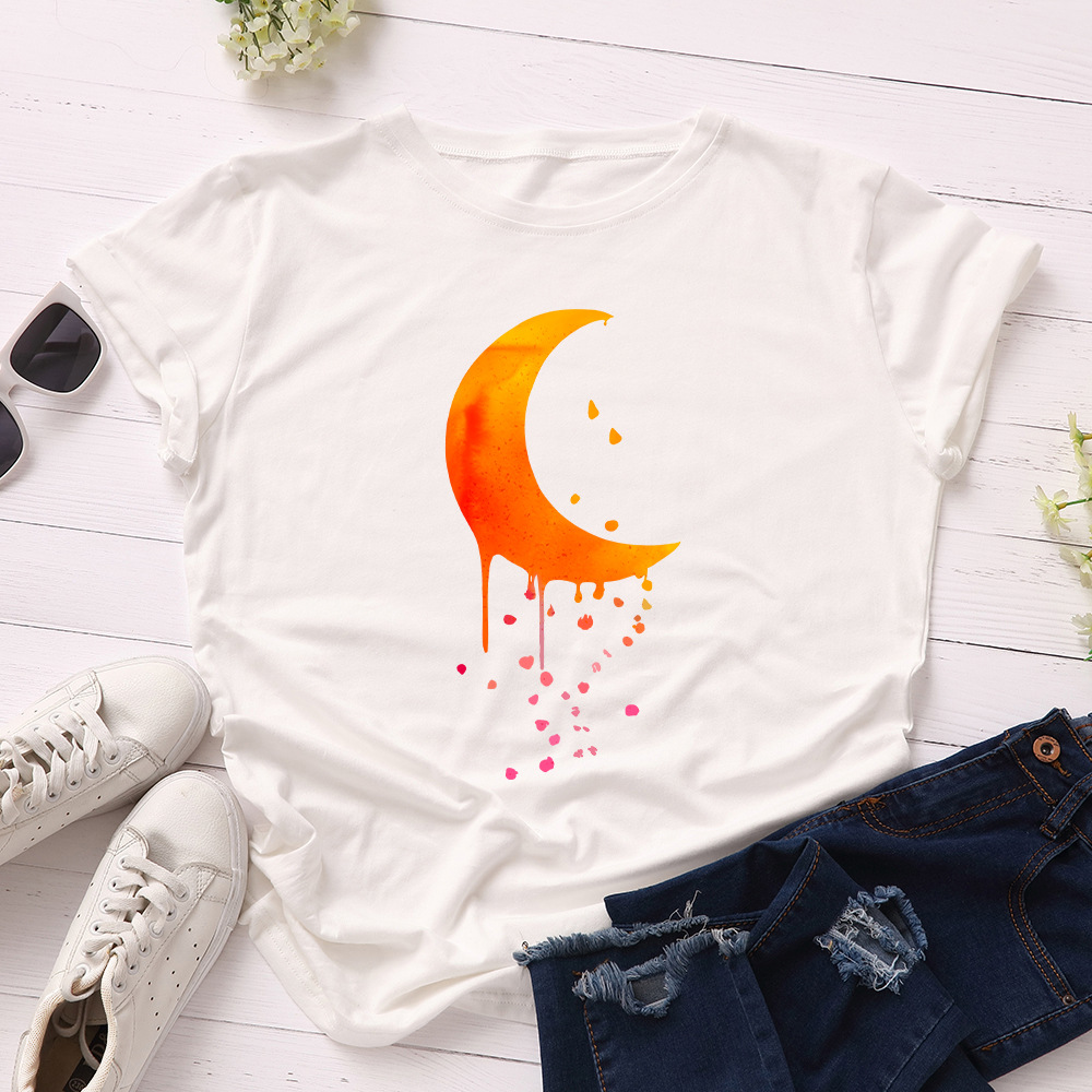 Round neck creative moon raindrops short sleeve t-shirt women