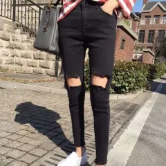 Female ripped skinny black beggar pencil pants - 115Black - View 1