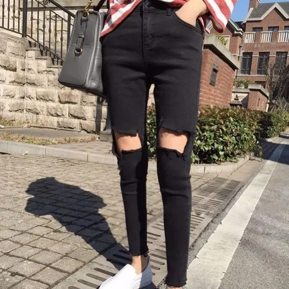 Female ripped skinny black beggar pencil pants 115Black - Shop at LoveMi