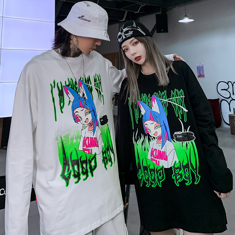 Couple long sleeve T-shirt two dimensional dark cartoon sweater