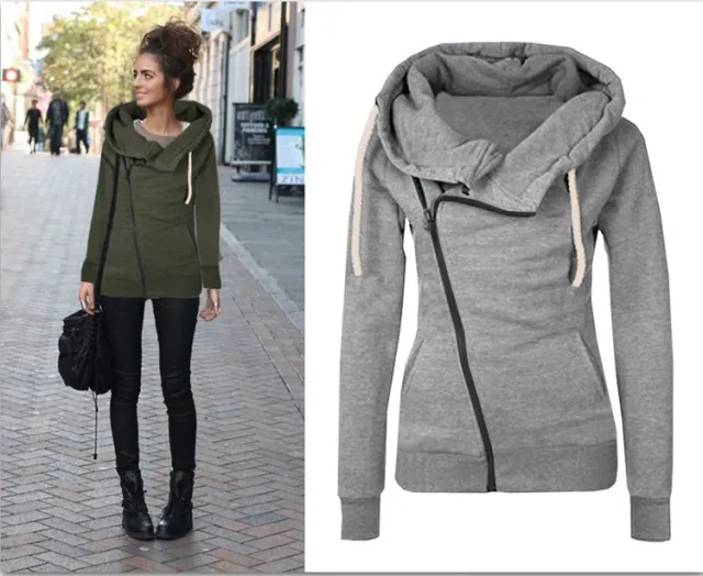 Oblique zipper solid color hooded ladies sweater Grey - Shop at LoveMi