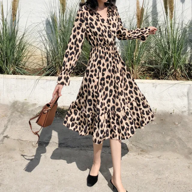 Leopard Print V neck Long Sleeve Flared Sleeve Flowy Dress V Neck - Shop at LoveMi