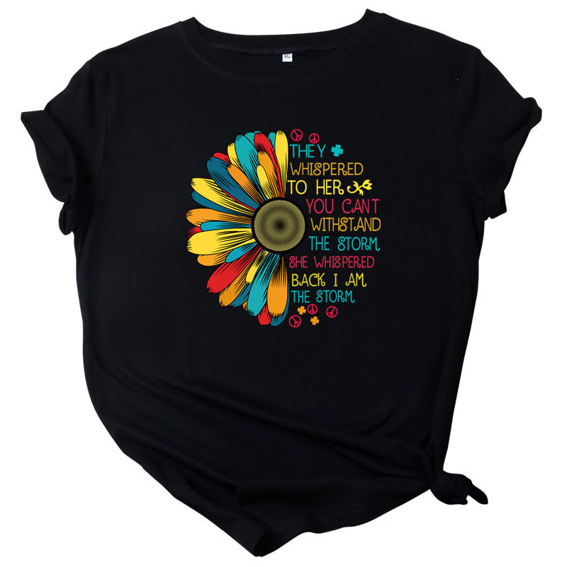 Europe and America Sunflower Print Short Sleeve T-shirt