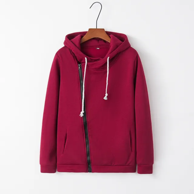 Long sleeved lapel pocket diagonal zipper sweatshirt Wine - Shop at LoveMi