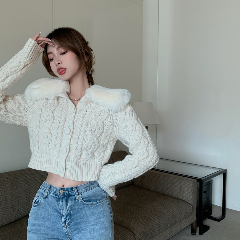 Detachable fur collar cardigan sweater women