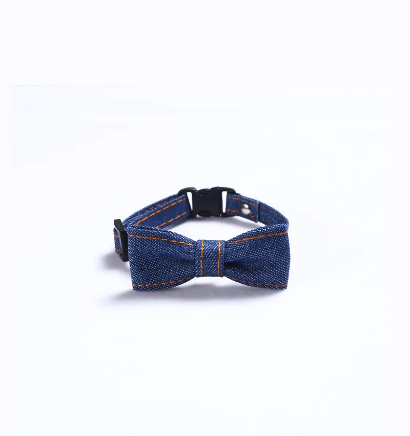 Pet denim bow tie collar for cats and dogs adjustable tie - Deep Denim Small Bow
