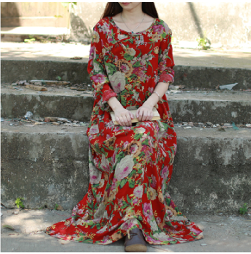 Chinese style improved long-sleeved cotton loose dress