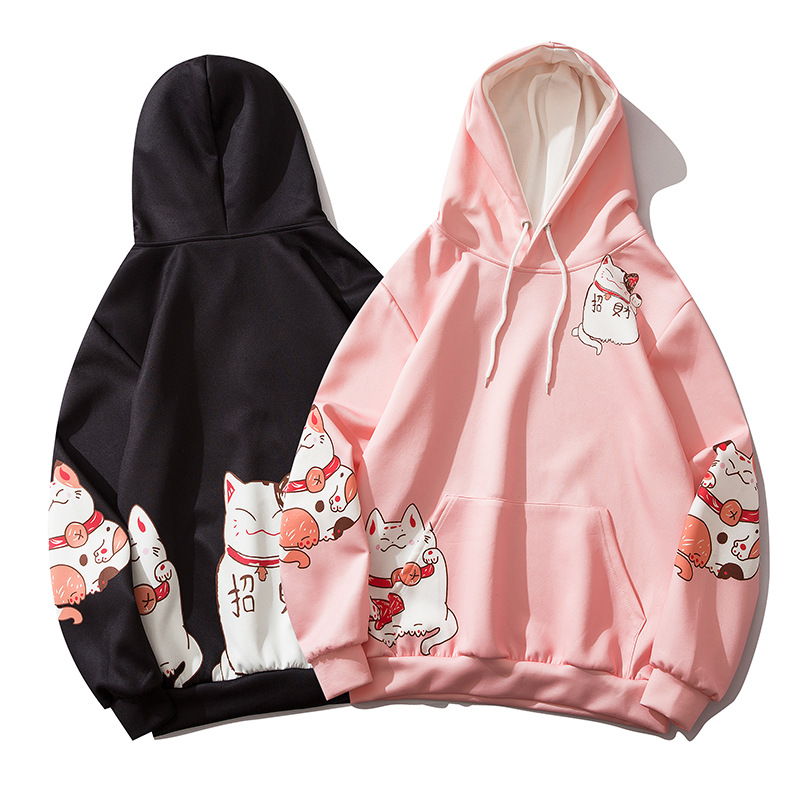 Hooded sweater men's and women's printed Lucky Cat Long Sleeve Shirt