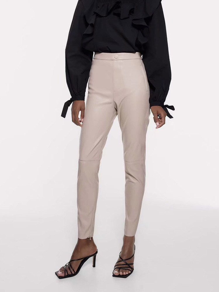 Women's split leg trousers all match leather pants Beige - Shop at LoveMi