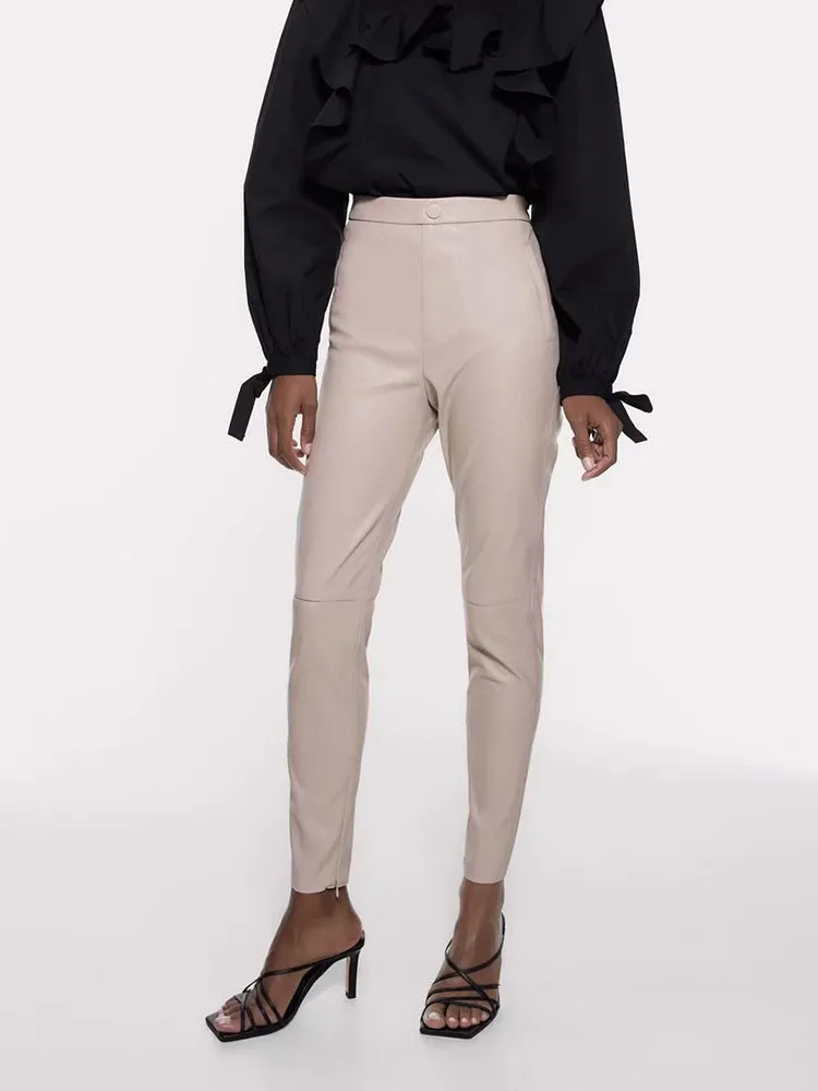 Women's split leg trousers all-match leather pants - Beige