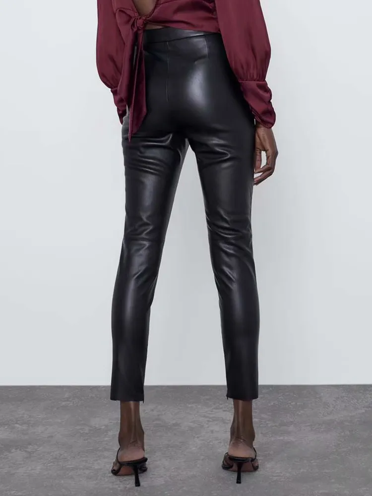 Women's split leg trousers all-match leather pants - Black