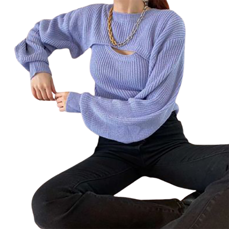 New solid-color pit strip knit halter + short sweater sweater