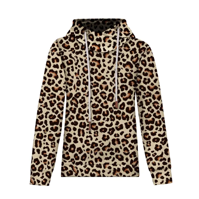 Hooded lace up long sleeved casual loose sweater Leopard - Shop at LoveMi
