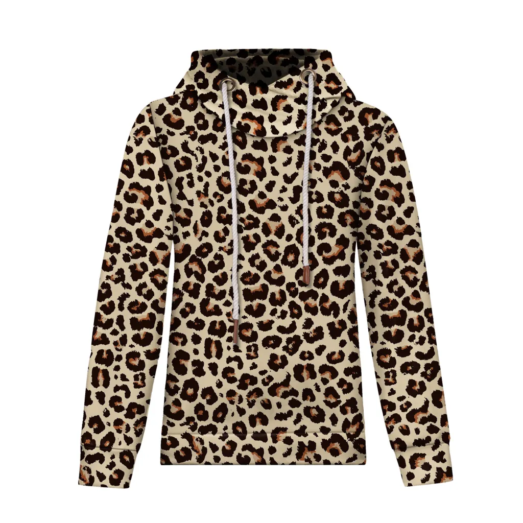Hooded lace-up long-sleeved casual loose sweater - Leopard