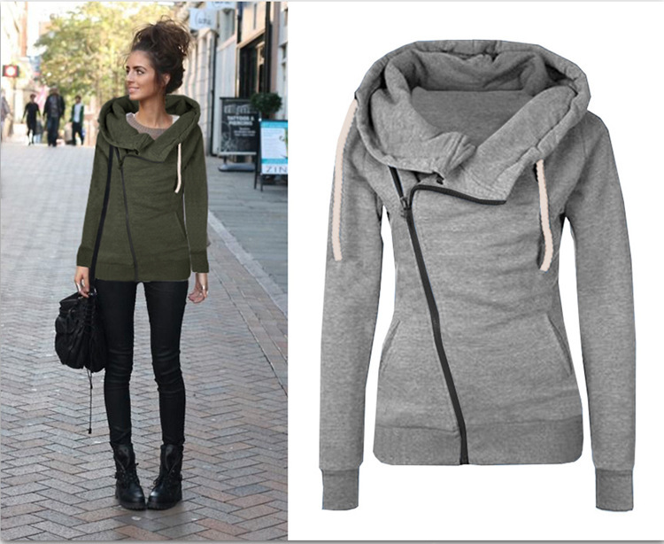 Oblique zipper solid color hooded ladies sweater