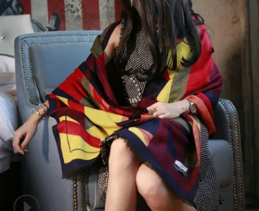 Autumn and winter Europe and America double sided scarf shawl dual use ladies air conditioning wool cashmere scarf shawl oversized thickening Red... Red Blue - Shop at LoveMi