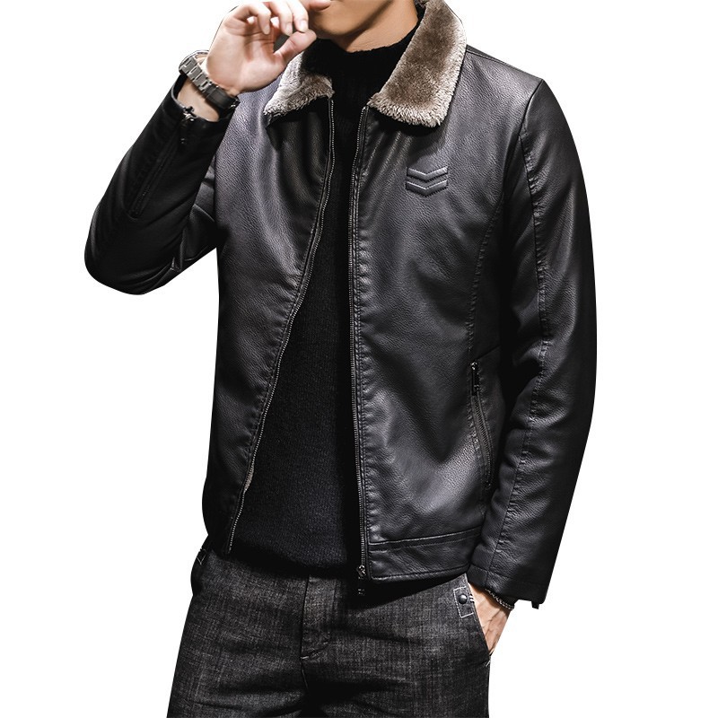 Men's plush padded leather jacket with lapel fur