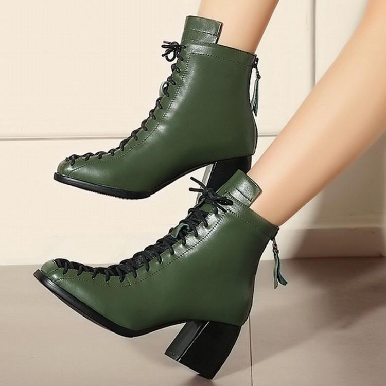 Army green Martin boots lace up personality women's boots