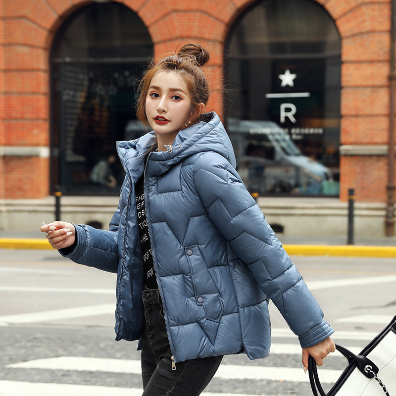 Women's short hooded warm shiny cotton coat