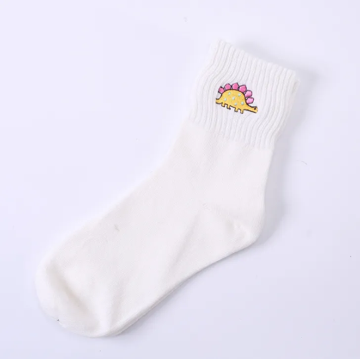 Cotton embroidered dinosaur ladies tube socks creative personality socks - White