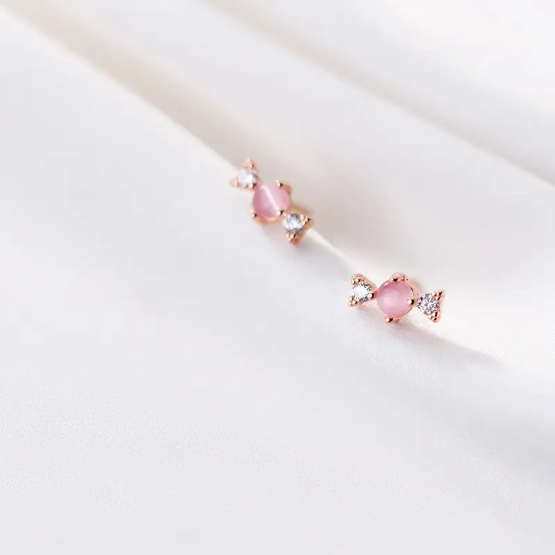 S925 silver forest sweet diamond-studded synthetic pink crystal candy earrings