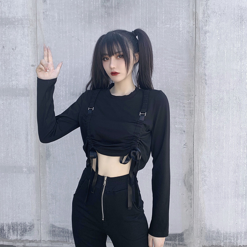 Workwear strap pleated drawstring long sleeve t-shirt