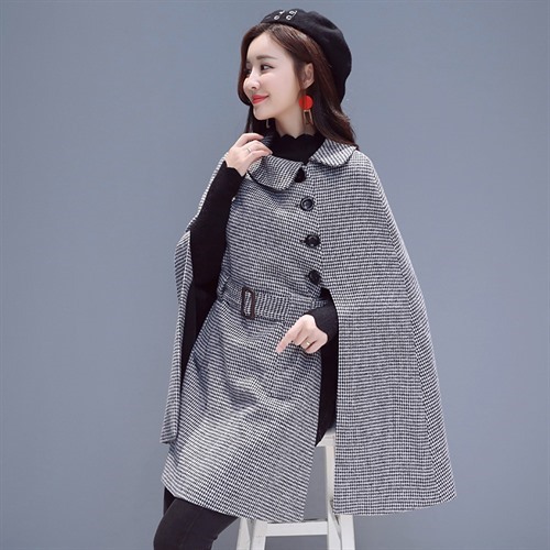 Shawl cloak woolen coat Black White - Shop at LoveMi