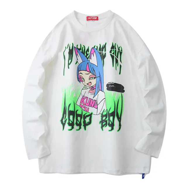 Couple long sleeve T shirt two dimensional dark cartoon sweater White - Shop at LoveMi
