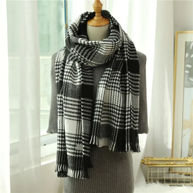 Warm cashmere plaid shawl scarf Black White Grid - Shop at LoveMi