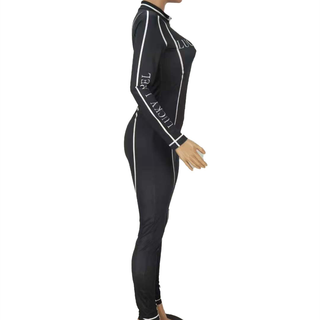 European and American alphabet print sexy zipper jumpsuit