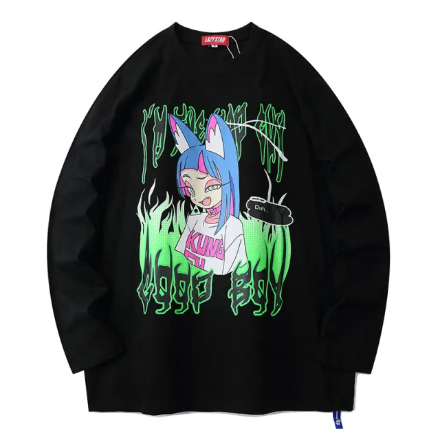 Couple long sleeve T shirt two dimensional dark cartoon sweater Black - Shop at LoveMi