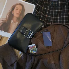 Retro cool leather buckle design shoulder bag - Black - View 1
