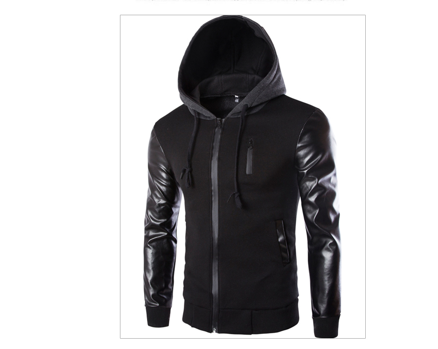 Men's hooded jacket Korean fashion sleeves leather hooded jacket men's jacket