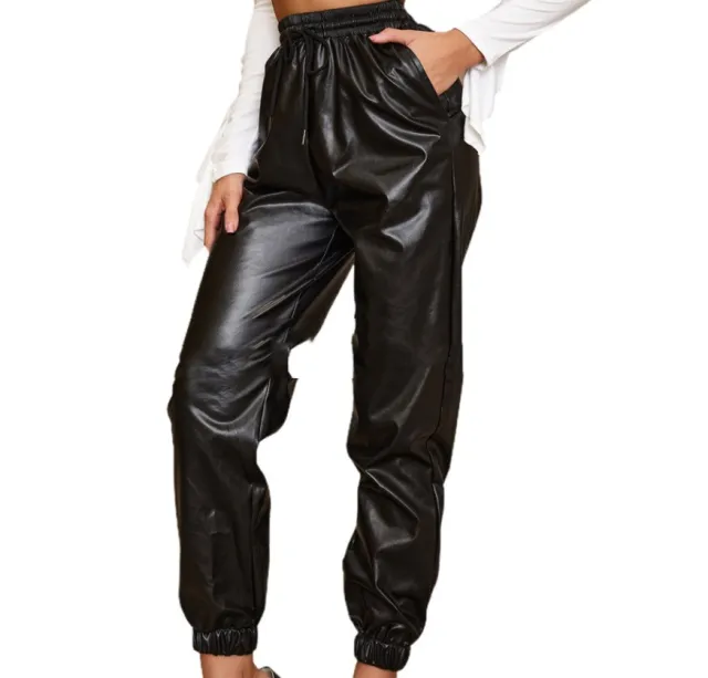 Women's loose solid color high elastic PU leather pants Black - Shop at LoveMi