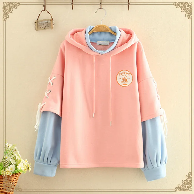 Patch color block hoodie - Pink